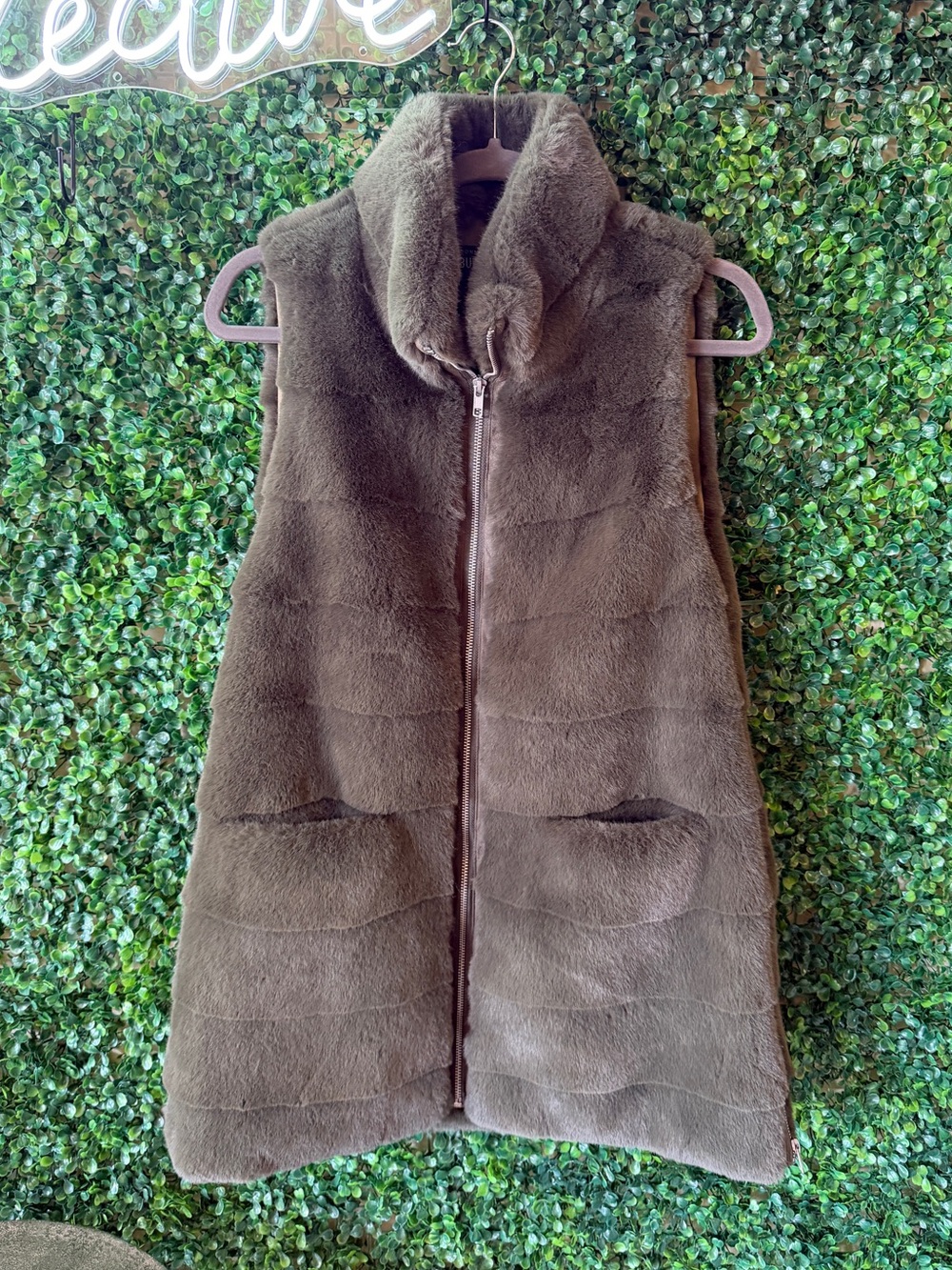 Donna Salyers The Weekender Series in Olive Faux Fur Sleeveless Vest